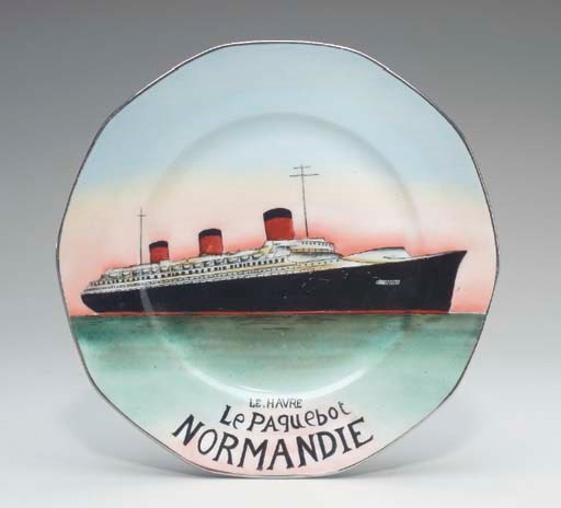 A souvenir Limoges plate, a set of olive picks on a wood stand, and two pieces of fabric all relating to the S.S. Normandie