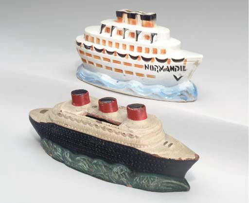 Two piggy banks in the form of the S.S. Normandie