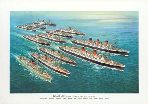 Cunard Line; two company posters, three ashtrays, two forks, two spoons, a knife and a mug