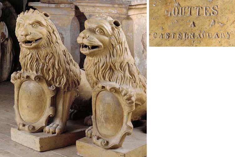 A PAIR OF FRENCH TERRACOTTA MODELS OF LIONS