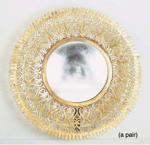 A PAIR OF BRASS CONVEX MIRRORS