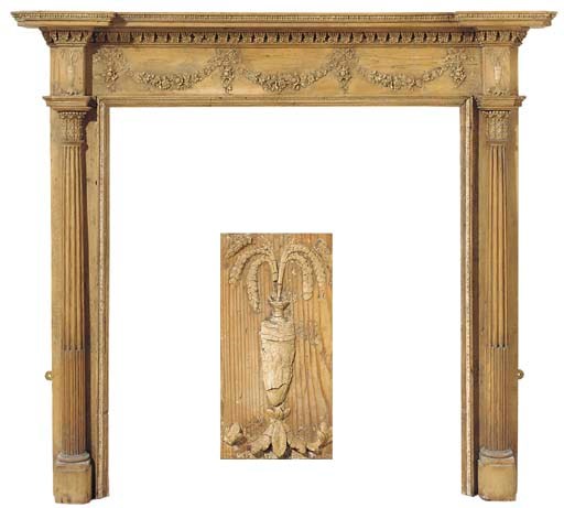 AN ENGLISH PINE AND GESSO CHIMNEYPIECE
