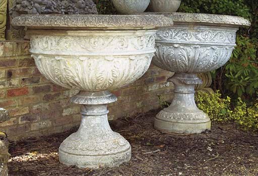 A PAIR OF LARGE ENGLISH ARTIFICIAL STONE URNS