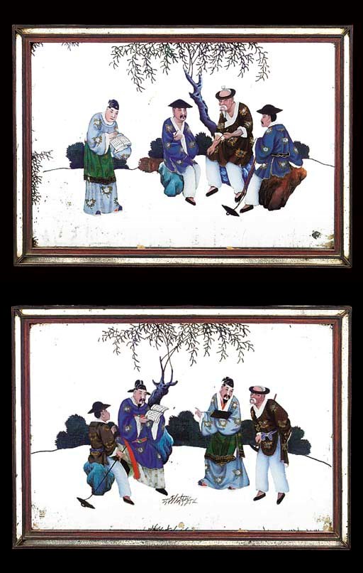 A pair of Chinese reverse paintings on mirrors