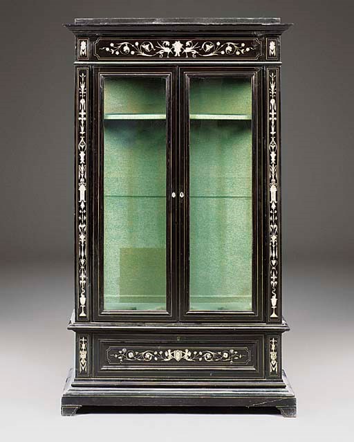 AN ITALIAN EBONISED AND INLAID DISPLAY CABINET