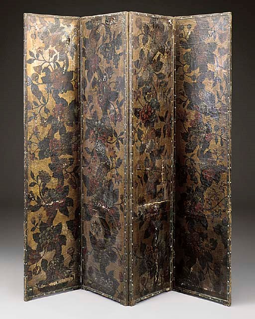 A PAINTED LEATHER FOUR-FOLD SCREEN