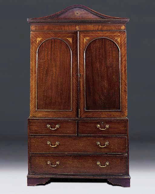 A GEORGE III MAHOGANY AND MARQUETRY LINEN PRESS