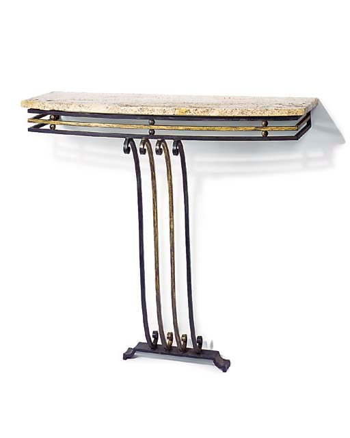 A black painted and gilt heightened wrought iron and marble topped console table