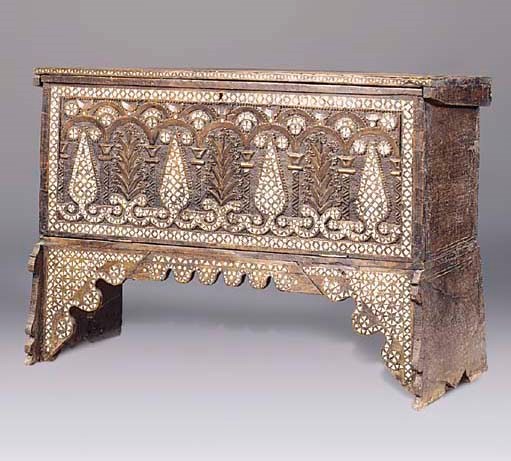 A MIDDLE EASTERN AND FRUITWOOD AND MOTHER-OF-PEARL INLAID COFFER