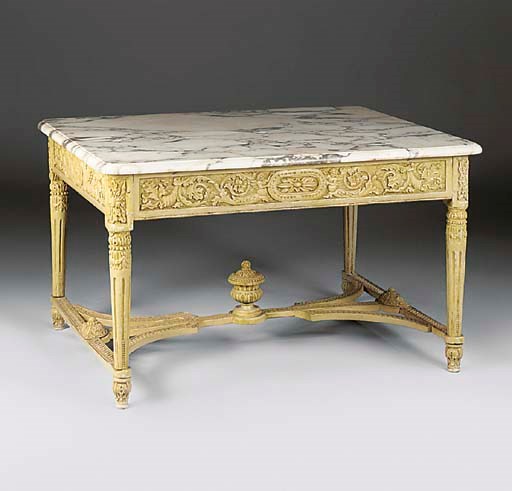 A FRENCH PAINTED CENTRE TABLE WITH A MARBLE TOP