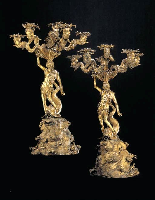 A PAIR OF REGENCY SILVER-GILT SIX-LIGHT CANDELABRA