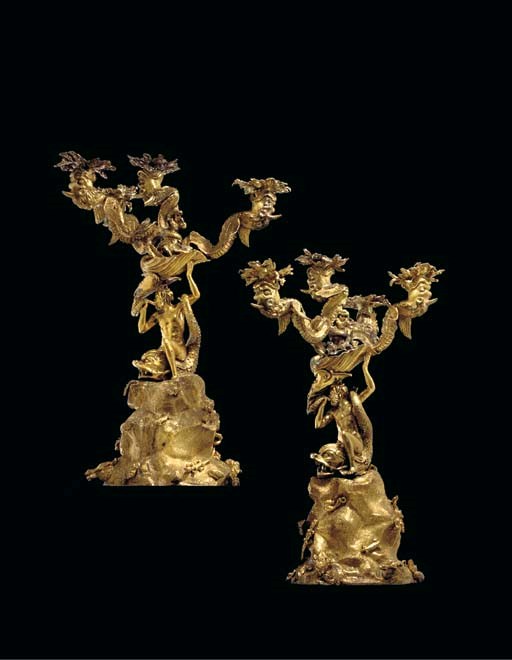 A REGENCY SILVER-GILT FOUR-LIGHT CANDELABRUM AND A MATCHING MODERN EXAMPLE