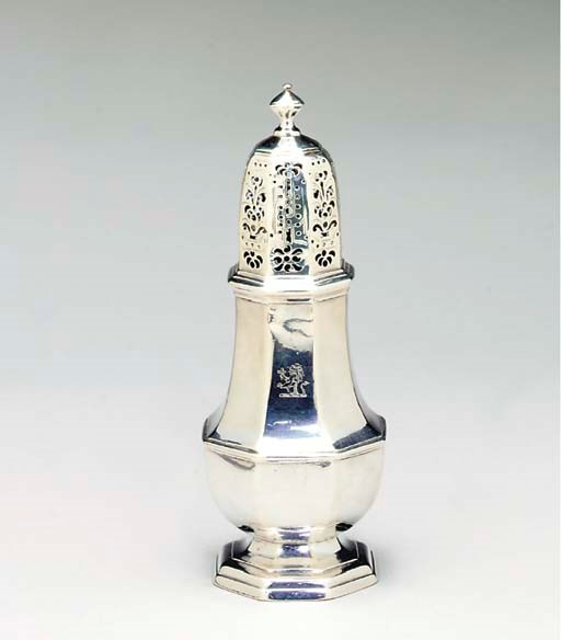 A GEORGE I SILVER CASTER TOGETHER WITH A GEORGE II SILVER CASTER,