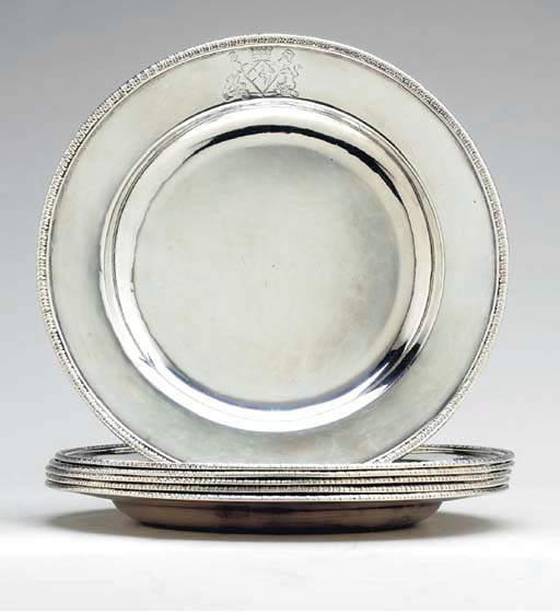 A SET OF SIX GEORGE II IRISH SILVER DINNER PLATES,