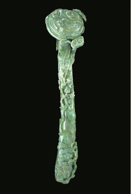 A CARVED SPINACH-GREEN JADE RUYI SCEPTRE,