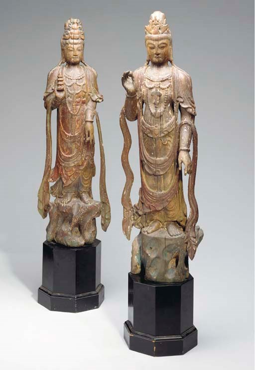 A PAIR OF CARVED WOOD AND POLYCHROME PAINTED FIGURES OF BODHISATTVAS,