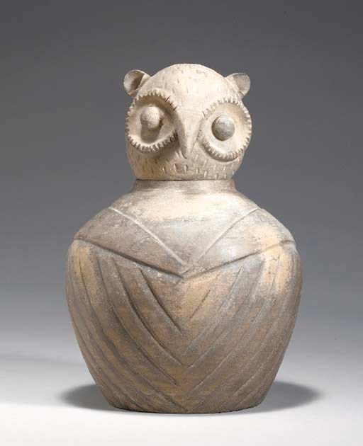 A GREY POTTERY OWL-FORM JAR AND COVER,