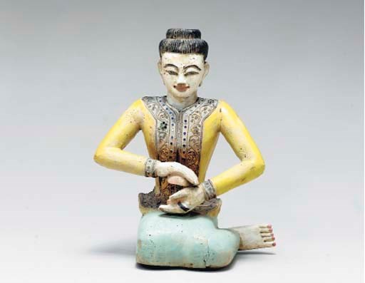 A PAIR OF POLYCHROME DECORATED CARVED WOOD BURMESE FIGURES,
