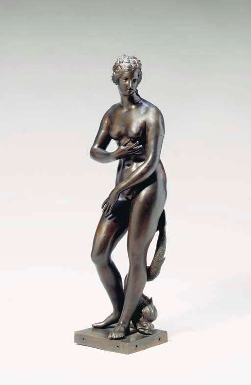 AFTER THE ANTIQUE, A PATINATED BRONZE FIGURE OF WOMEN WITH DOLPHIN