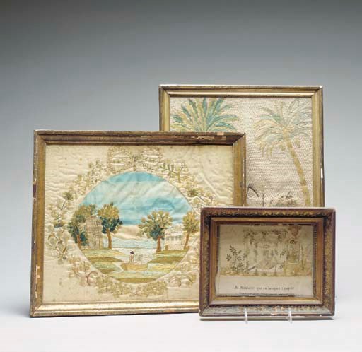 THREE ENGLISH SILKWORK PICTURES