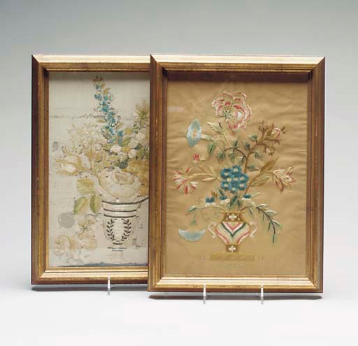 TWO ENGLISH FLORAL SILKWORK PICTURES