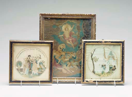 THREE ENGLISH SILKWORK PICTURES