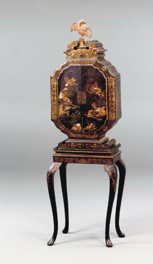 A CHINESE EXPORT GILT AND BLACK LACQUER CABINET ON STAND,