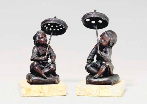 PAIR OF PATINATED BRONZE FIGURES OF CHILDREN WITH UMBRELLAS,