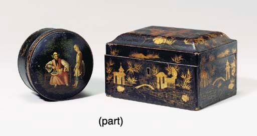 CHINESE EXPORT LACQUER TEA CADDY WITH TWO TOLE PIENTE TABLE BOXES AND A VICTORIAN WALNUT TEA CADDY,