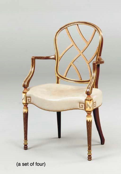 A SET OF FOUR GEORGE III STYLE PAINTED OPEN ARM CHAIRS,