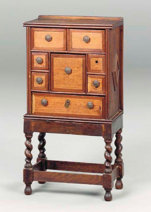 A JACOBEAN STYLE OAK MINIATURE CHEST ON STAND,