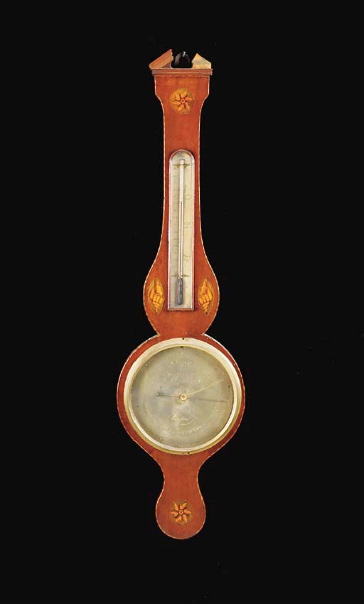 A VICTORIAN INLAID MAHOGANY BAROMETER/THERMOMETER,
