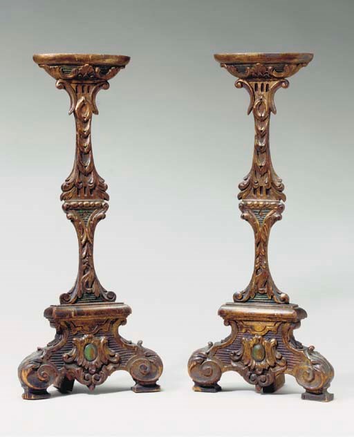 PAIR OF BAROQUE STYLE CARVED GILTWOOD PRICKET STICKS