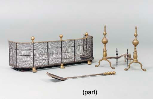 A PAIR OF BRASS ANDIRONS WITH A VICTORIAN FIRE GUARD AND PAIR OF FIRE TOOLS,