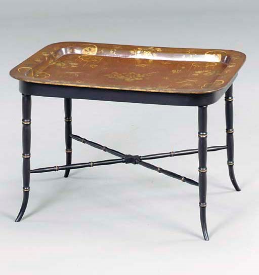 A VICTORIAN BROWN AND GILT TOLE TRAY ON LATER STAND,