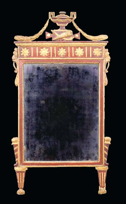 A NEOCLASSICAL STYLE RED PAINTED AND PARCEL GILT WALL MIRROR