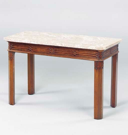 A GEORGE III MAHOGANY SIDE TABLE WITH LATER FOSSIL MARBLE TOP,