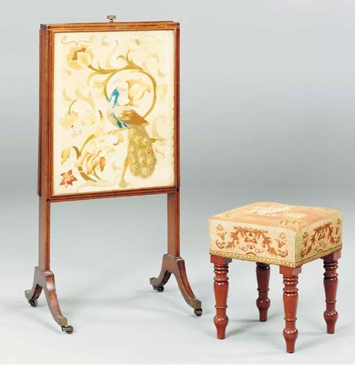A VICTORIAN MAHOGANY AND EMBROIDERY FIRE SCREEN WITH VICTORIAN FOOTSTOOL,