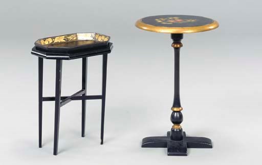 A CIRCULAR PAINTED SMALL SIDE TABLE WITH A OCTAGONAL FORM PAPIER MACHE SMALL TRAY STAND,