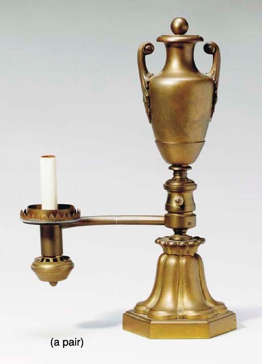 PAIR OF PATINATED METAL FLUID LAMPS, ELECTRIFIED
