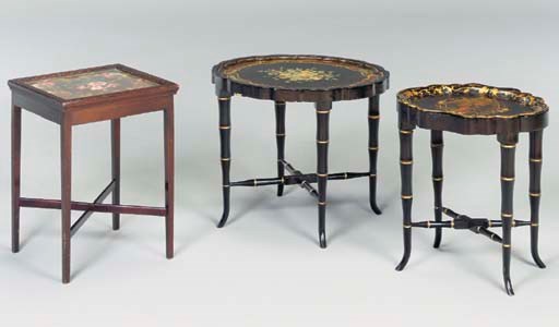 TWO VICTORIAN PAPIER MACHE TRAYS ON LATER STANDS, TOGETHER WITH NEEDLEPOINT INSET LOW TABLE
