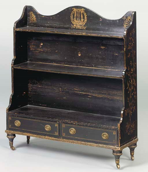 A BLACK AND GILT JAPANNED DWARF OPEN BOOKCASE,