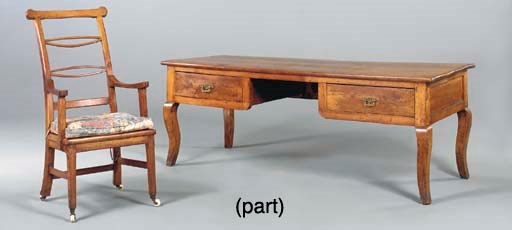 A LOUIS XV PROVINCIAL WALNUT BUREAU PLAT WITH A CHESTNUT CHAIR,
