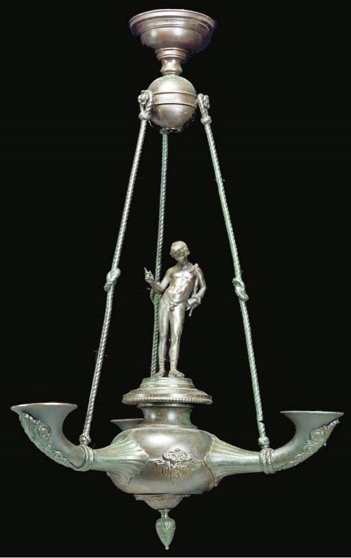 AN EMPIRE STYLE BRONZE THREE-LIGHT CHANDELIER,