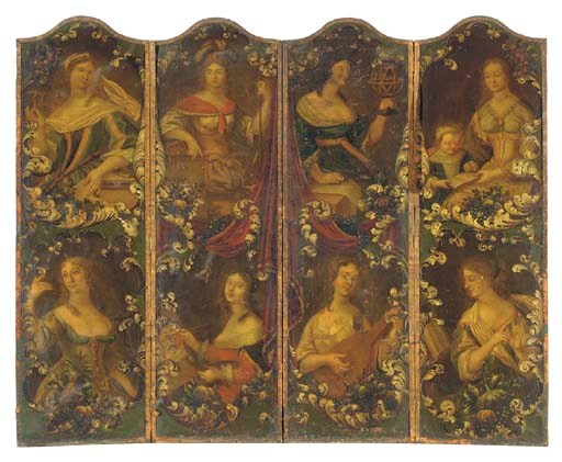 A BAROQUE STYLE POLYCHROME PAINTED AND PARCEL GILT LEATHER FOUR PANEL SCREEN,
