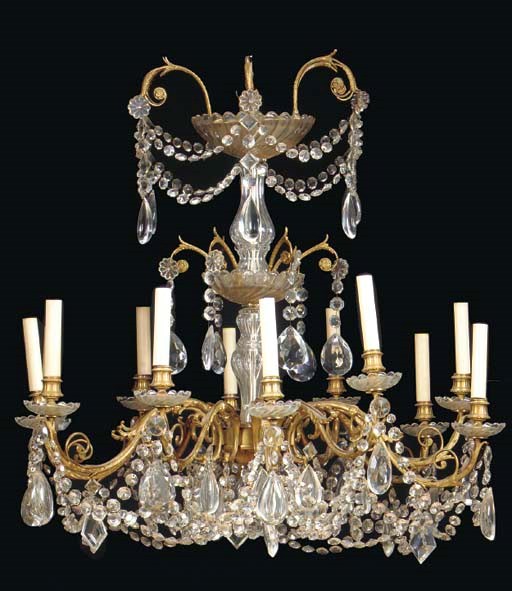 A LOUIS XV STYLE GILT BRONZE AND CUT GLASS TWELVE LIGHT CHANDELIER,