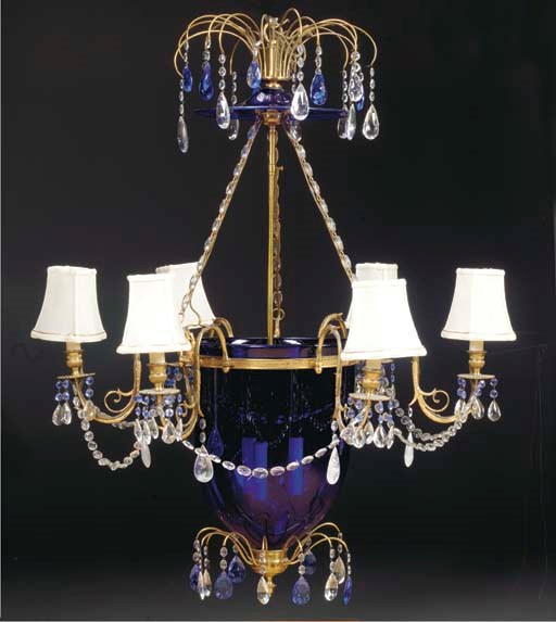 A BALTIC COBALT AND CUT GLASS HALL LANTERN,