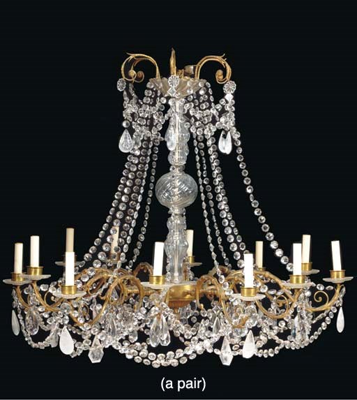 A PAIR OF REGENCY STYLE GILT BRONZE TWELVE LIGHT CHANDELIERS,