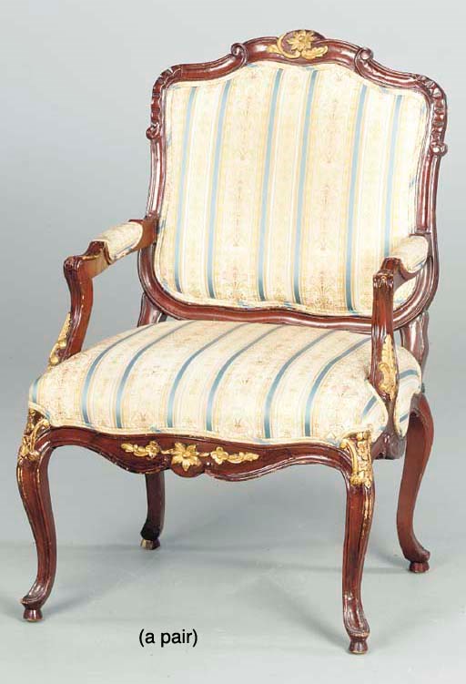 A PAIR OF LOUIS XV STYLE STAINED MAHOGANY AND GILT PAINTED FAUTEUILS,