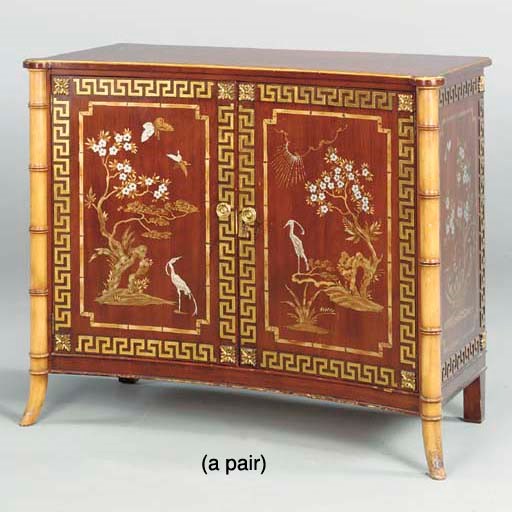 A PAIR OF REGENCY STYLE FAUX BAMBOO PARCEL-GILT MAHOGANY AND CHINOISERIE DECORATED COMMODES,